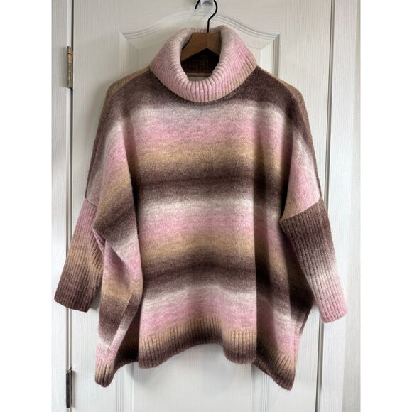 LOFT Women's Ombre Turtleneck Poncho Sweater Pink Brown Stripe Size L Large - Picture 1 of 12